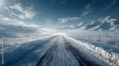 Lonely Snow-Covered Highway Stretching Through Vast hite Landscape Under Blue ky