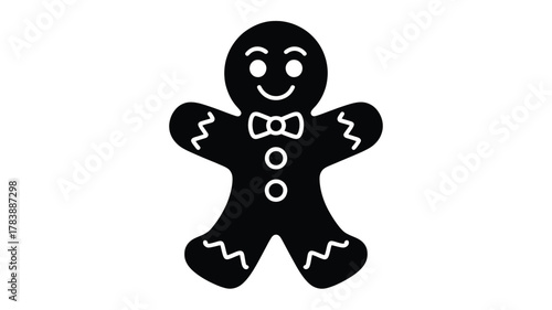 A charming black silhouette of a classic gingerbread man cookie with a bow tie and buttons perfect for holiday designs and winter celebrations silhouette