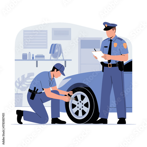 Police officer inspects a vehicle's tire while another officer takes notes.