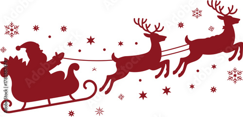 Santa Claus rides his sleigh pulled by reindeer through a snowy night sky.