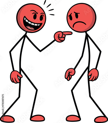 One stick figure laughs mockingly while pointing at another sad stick figure.