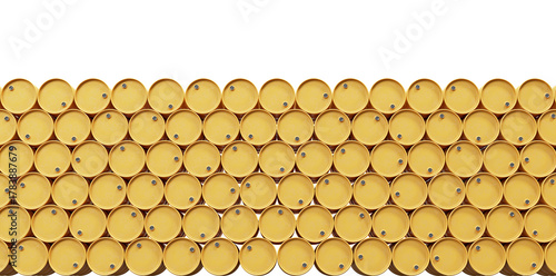 Large stack of 55 gallon yellow steel barrels, isolated on a transparent background. 3D Illustration.