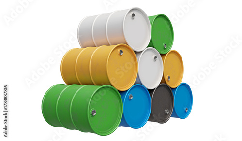 Stack of colorful metal barrels, isolated on a transparent background. 3D Illustration.