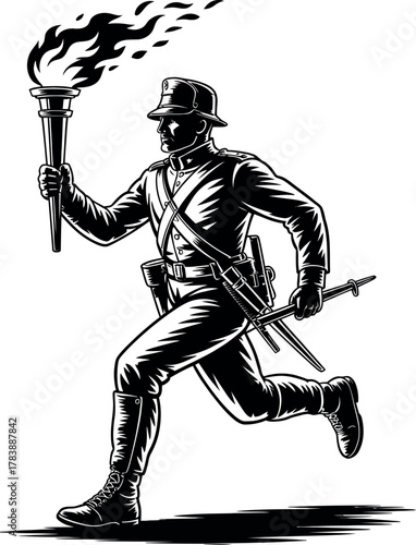 A soldier runs forward holding a lit torch aloft, symbolizing progress and victory.