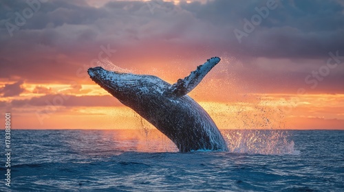 A majestic whale breaches the ocean surface at sunset, its immense form momentarily defying gravity as water sprays around it, creating a breathtaking spectacle.