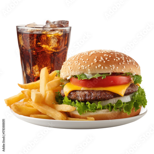 Burger meal with soda and fries on a plate isolated on a transparent background