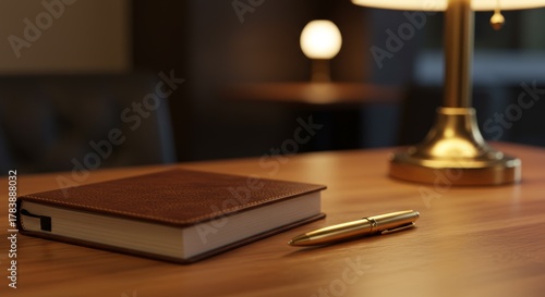 Warmly Lit Wooden Desk with Leather bound Book and Golden Pen