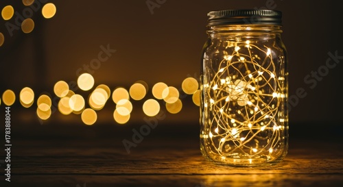 Warm Fairy Lights in Mason Jar on Wooden Table with Bokeh Background
