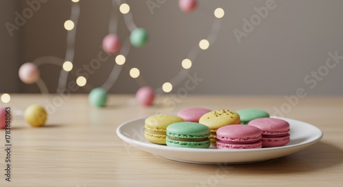 Colorful Macarons on White Plate with Festive String Lights