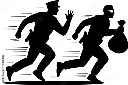 A police officer chases a thief carrying a bag of money across a blurred background.