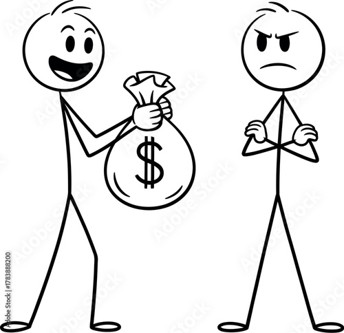 One stick figure offers a bag of money to another stick figure who is angry and refusing it.