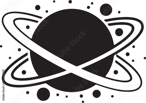 Black and White Graphic of a Planet with Orbiting Rings