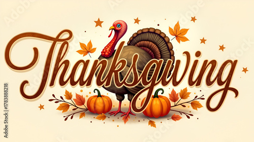 Decorative “Happy Thanksgiving” lettering in warm autumn tones with ornate swirls, surrounded by pumpkins, maple leaves, and a friendly turkey illustration, designed for festive greeting cards