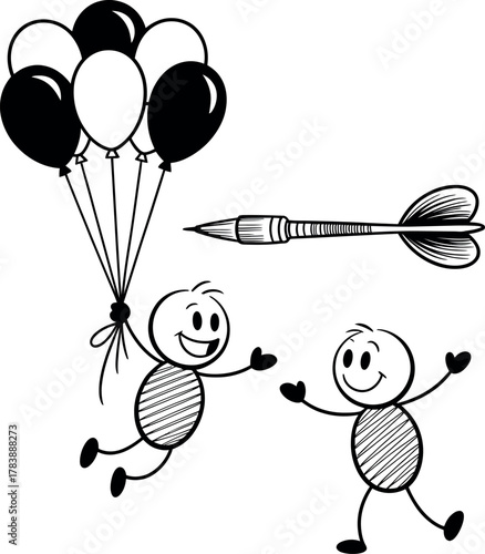 Two cartoon stick figures with balloons are targeted by a dart