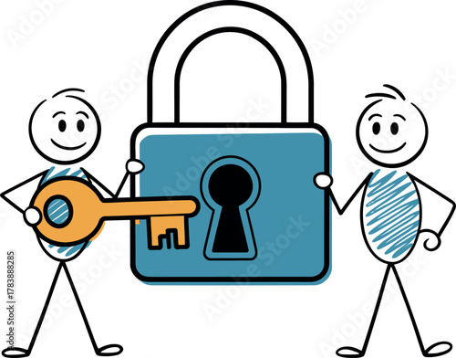 Two stick figures work together to secure a large padlock with a key.
