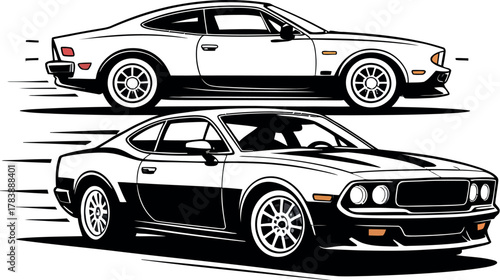 Two classic American muscle cars speed down the road, a white car in the background.