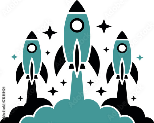 Three rockets launching into space with stars and smoke effects.