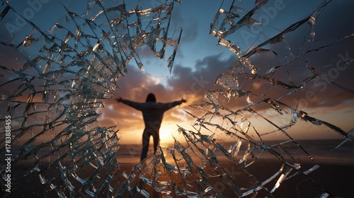 A person at the beach is seen through broken glass, arms outstretched, towards a beautiful sunset horizon, symbolizing freedom and new perspectives on life and possibilities.
