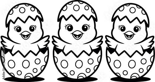 Three cheerful chicks hatch from decorated Easter eggs in a whimsical illustration.