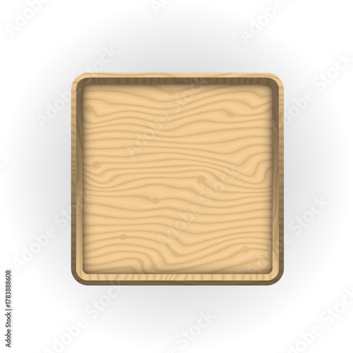 Top View of Empty Wooden Square Tray or label with 3d frame. Wooden badge sign board for sale, price and discount design