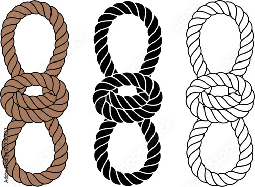 Three different styles of a double figure eight knot are shown.
