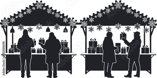 Silhouettes of people shopping for gifts at a festive winter market stall.