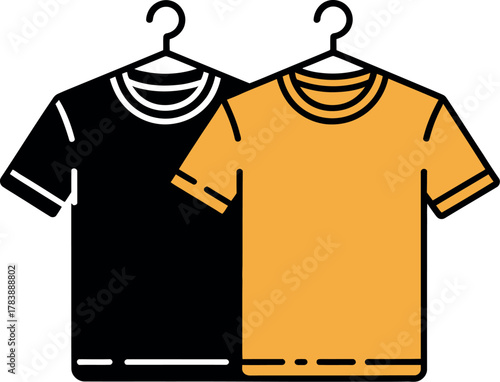 Two t-shirts, one black and one orange, hang on hangers.