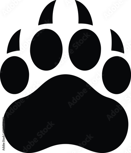 Black bear paw print with claws isolated on white background