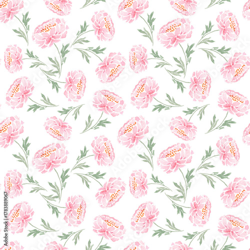 Watercolor pink peonies random on white seamless pattern