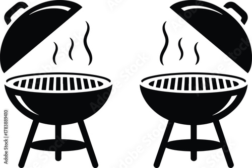 Two charcoal barbecues with lids open and smoke rising up vector
