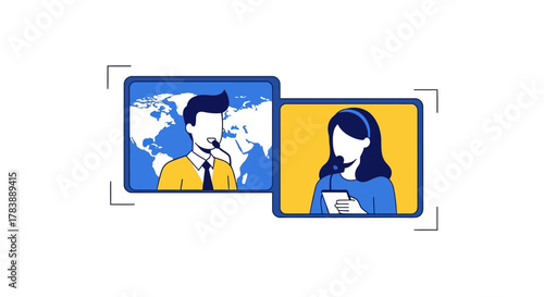 Man and woman with headsets participating in an online video conference call for global business.