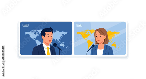Two presenters, a man and a woman, are shown on separate screens, each speaking into a microphone with a world map behind them.