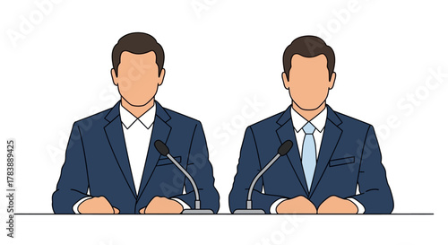 Two men in dark suits sitting at a table with microphones, representing a business meeting, press conference, or political debate.