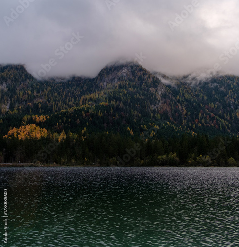 Autumn landscape near Berchtesgarden in Southern Germany with fog. Autumn forest with fog and the view of fail foliage