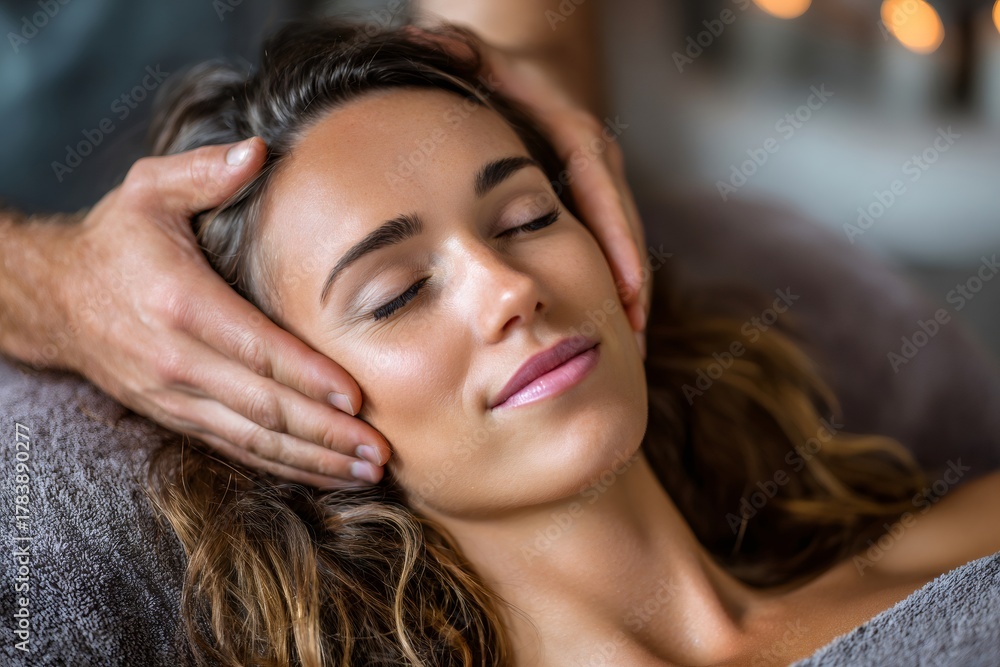 Fototapeta premium Woman relaxing receiving head massage at spa
