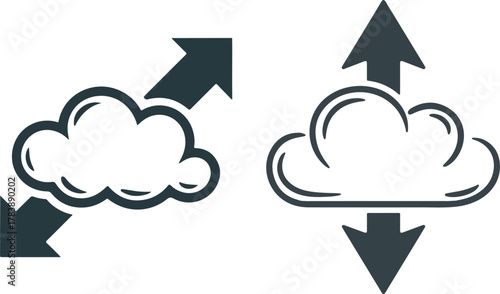 Cloud Data Transfer and Synchronization Icon Set, Outline Vector for Scaling and Two-Way Communication