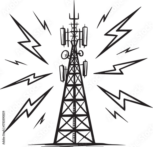 Hand-Drawn Telecommunication Tower Vector, Wireless Signal, 5G Network, and Broadcast Power Sketch