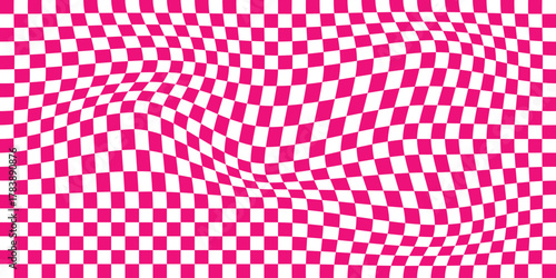 Endless, seamless checkered pattern. Distorted shapes. Pink and blue gamma. Psychedelic ornament for banner design, advertising booklets and wrapping paper. Vector illustration.  groovy wave psychedel