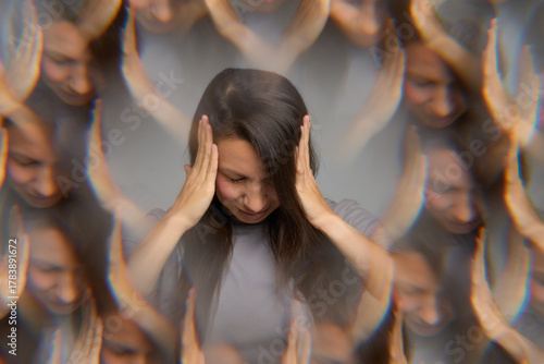 Woman touching head suffering from migraine with aura and visual distortion