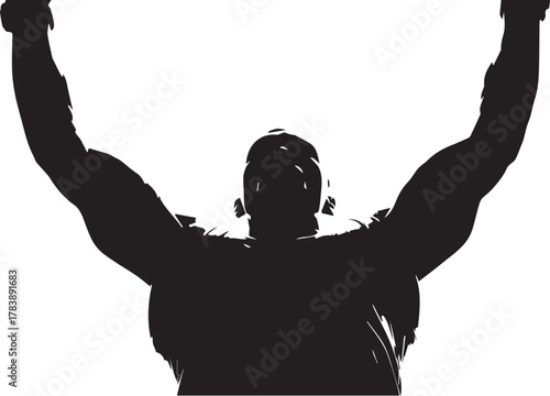 Silhouette of a person with arms raised in a victorious and celebratory pose
