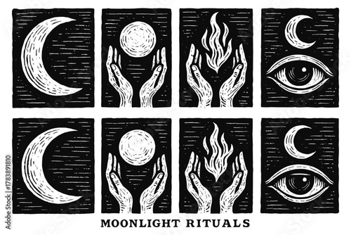 Mystical handcrafted celestial symbols of moon and rituals in black and white woodcut style