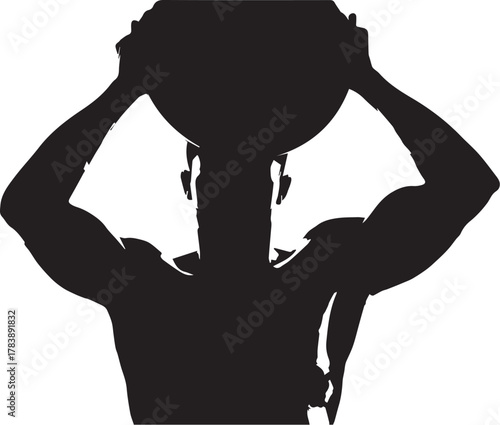 Silhouette of a muscular person lifting a heavy round object overhead in a powerful pose
