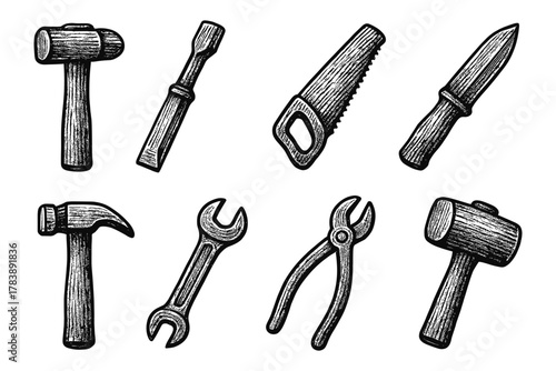Hand drawn vintage tools collection featuring hammer and saw