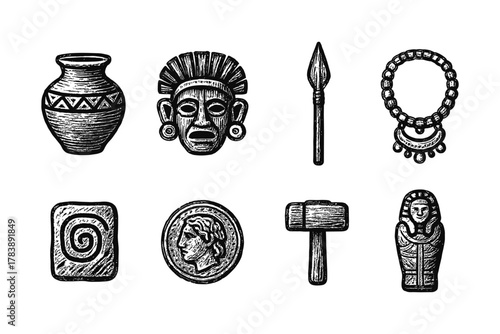 Hand drawn ancient artifacts: pottery, jewelry, tools, and statues in black and white