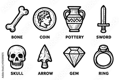 Hand drawn ancient artifacts: bone, coin, pottery, sword, skull, arrow, gem, ring