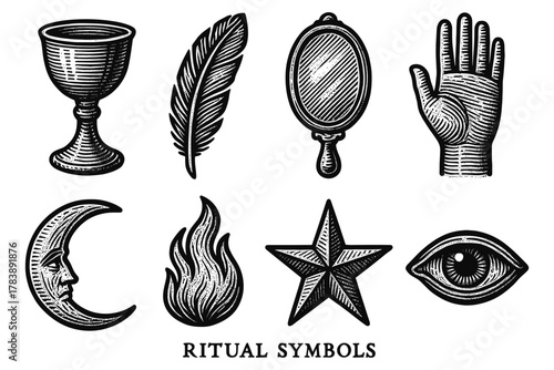 Collection of vintage ritual symbols in hand drawn engraving style