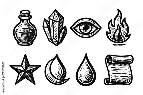 Alchemy and mystic symbols in hand-drawn vintage style set