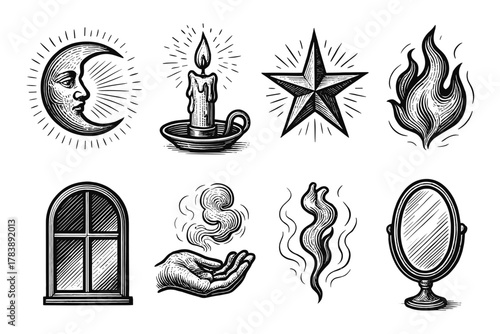 Gothic ink art symbols featuring moon, candle, star, fire, window, hand, smoke, and mirror