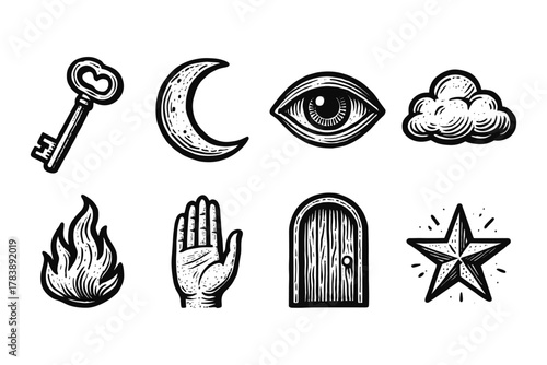 Vintage mystic symbols collection featuring key, moon, eye, cloud, fire, hand, door, and star elements