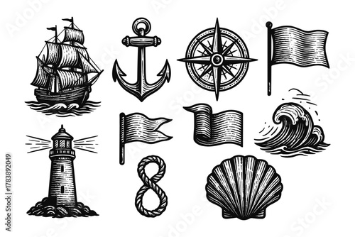 Vintage nautical elements set with ship, anchor, and lighthouse